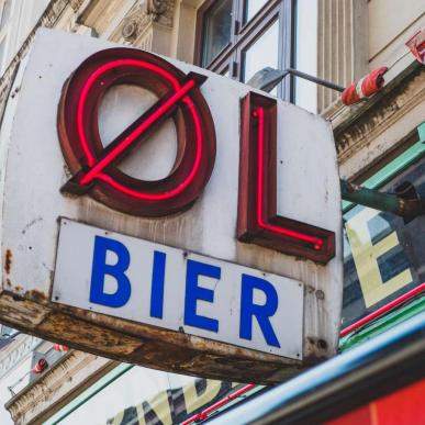 Beer sign at bodega in Vesterbro "Øl", Copenhagen, Denmark