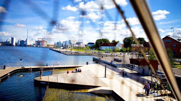 A sunny day with blue skies at Aalborg Harbour Baths, Denmark