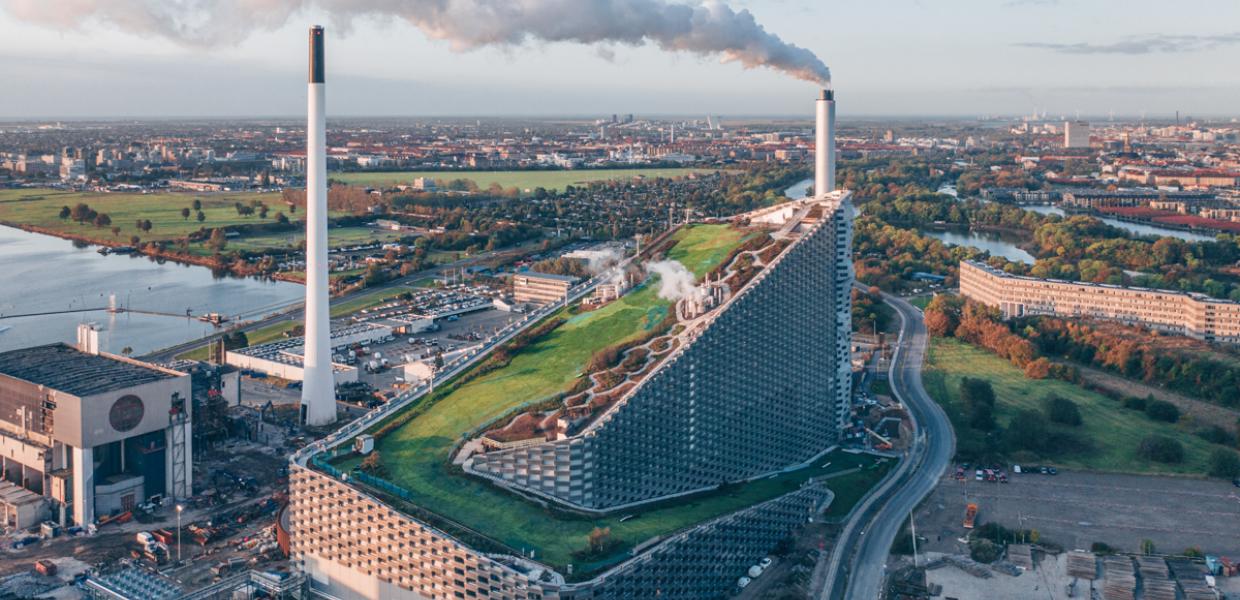 CopenHill or Amager Bakke, the ski slope on top of a power plant in Copenhagen neighborhood Refshaleøen