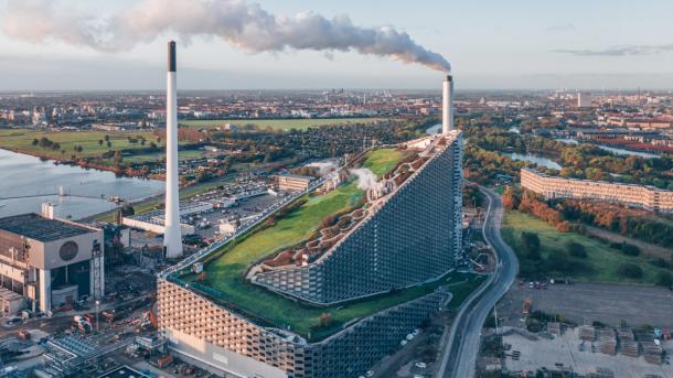 CopenHill or Amager Bakke, the ski slope on top of a power plant in Copenhagen neighborhood Refshaleøen