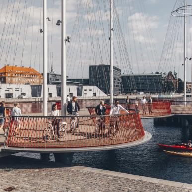 Business people with bikes on the circle bridge in Copenhagen