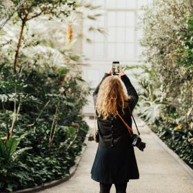 Woman taking a photo in the Winter Garden at Glyptoteket in Copenhagen