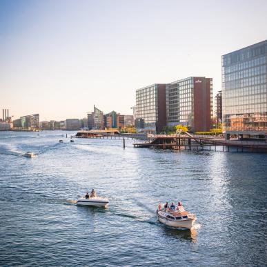 Boats at sunset in Copenhagen harbour, seen from the Langebro bridge