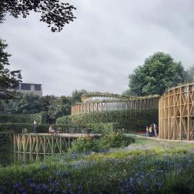 A rendering of the gardens and exterior of the Hans Christian Andersen museum in Odense, Denmark