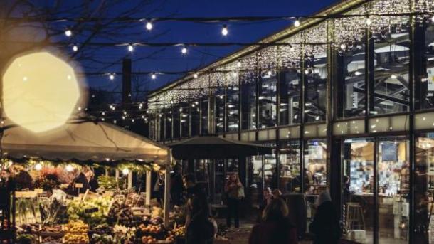 Torvehallerne at night in winter, a shopping market in Copenhagen, Denmark