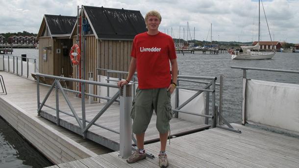 A lifesaver stand on the deck at Nibe Fjord Bath, an open air swimming pool near Aalborg, Denmark