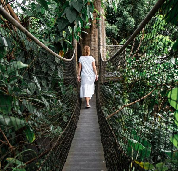 Woman walking on bridge in Randers Regenskov in Jutland