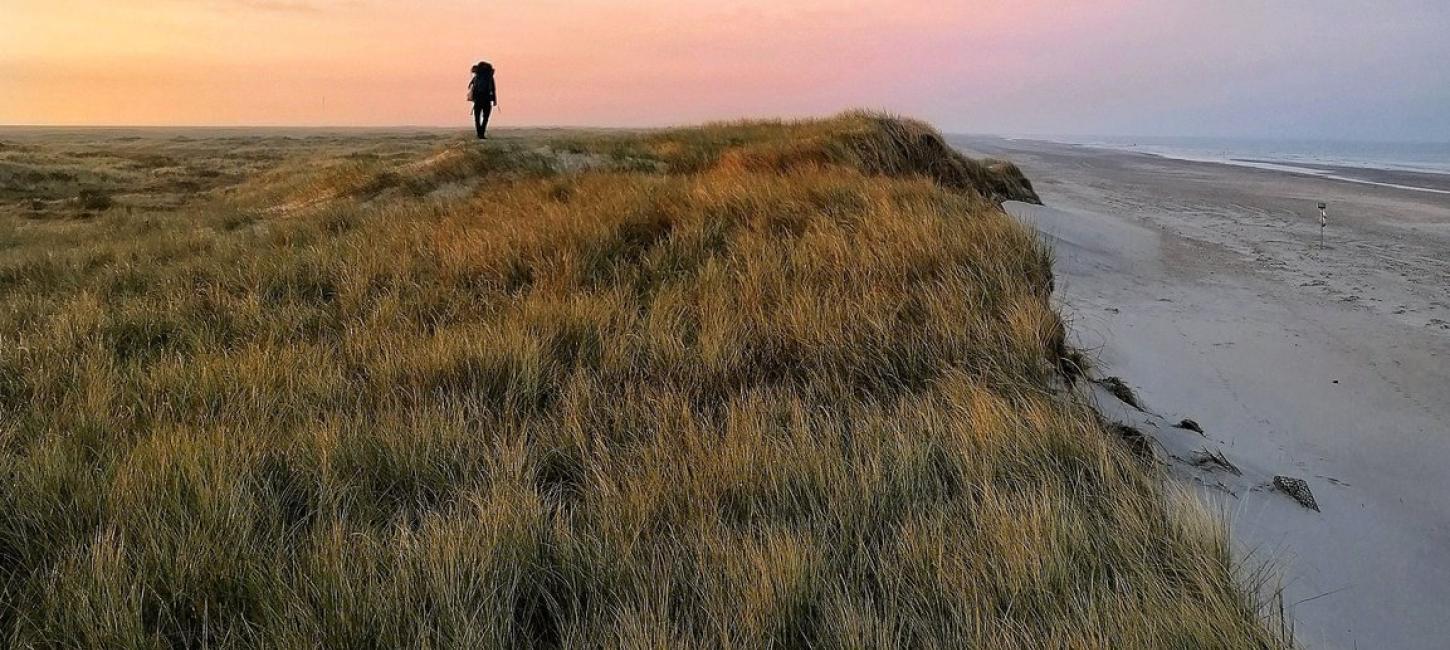 A person hiking along Skallingen on the West coast.