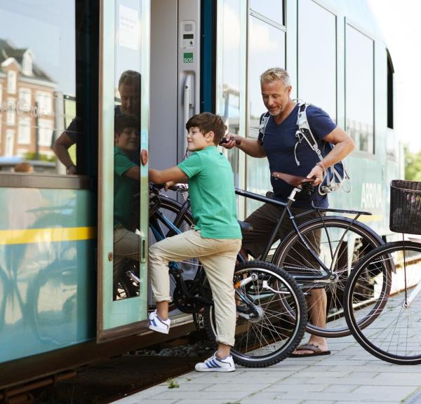 Family with bike in the train, Thisted